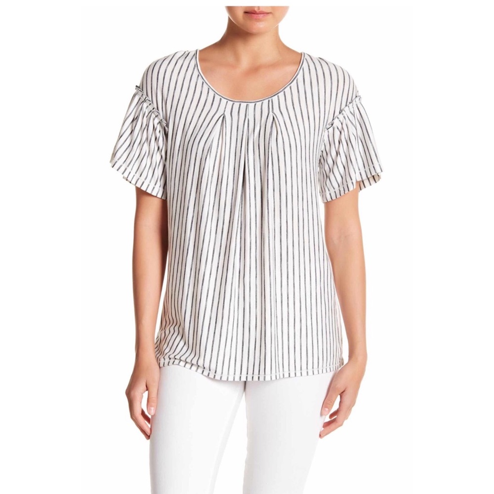 Max Studio Front Pleat Flutter Sleeve Tee Stripes